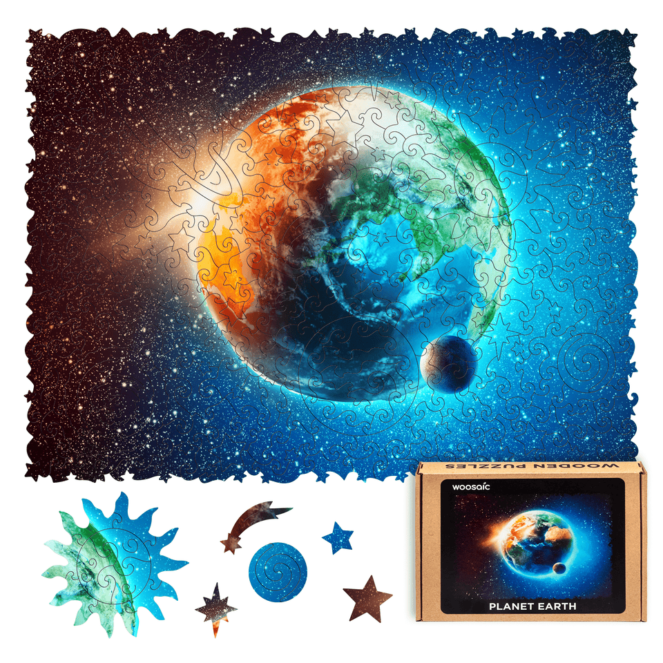 WOOSAIC Planet Earth Limited Edition wooden map puzzle — front view with vivid artwork