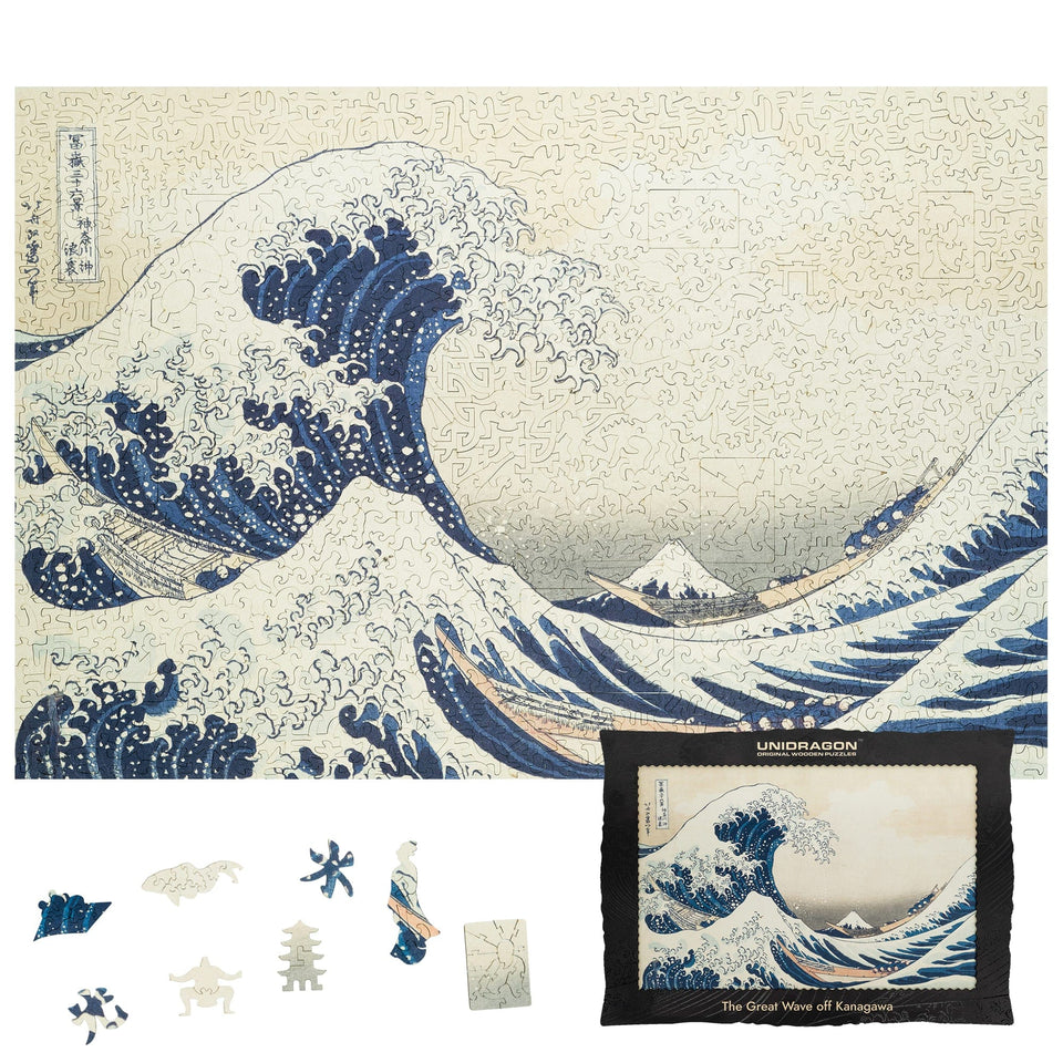 The Great Wave off Kanagawa wooden puzzle — front view with vivid artwork