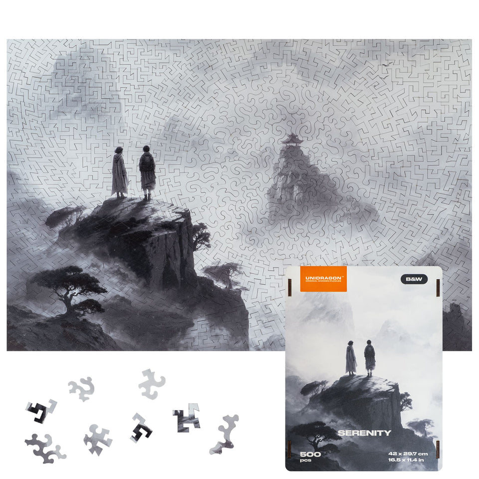 Black and White Serenity wooden puzzle — front view with vivid artwork