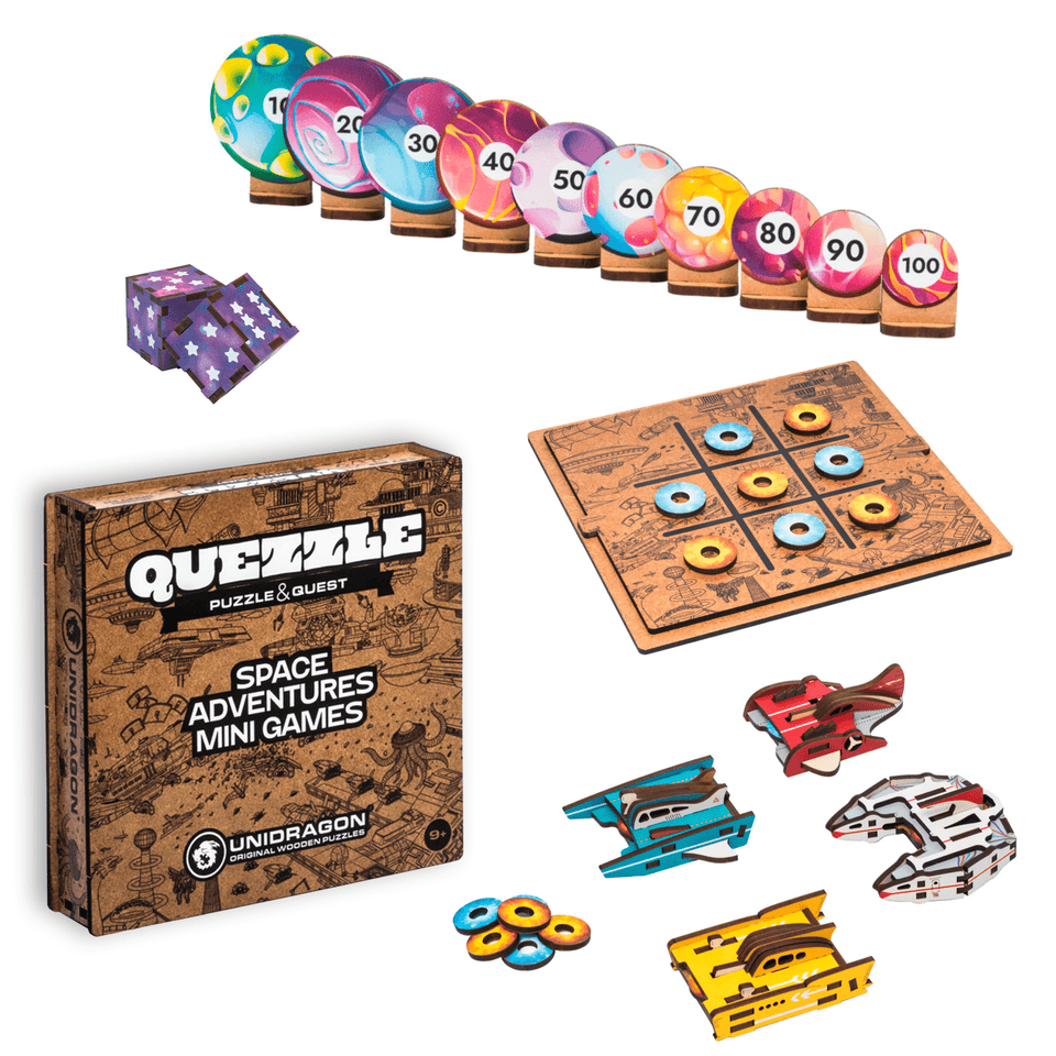 Quezzle Space Adventures Mini-games — wooden puzzle mini-game board