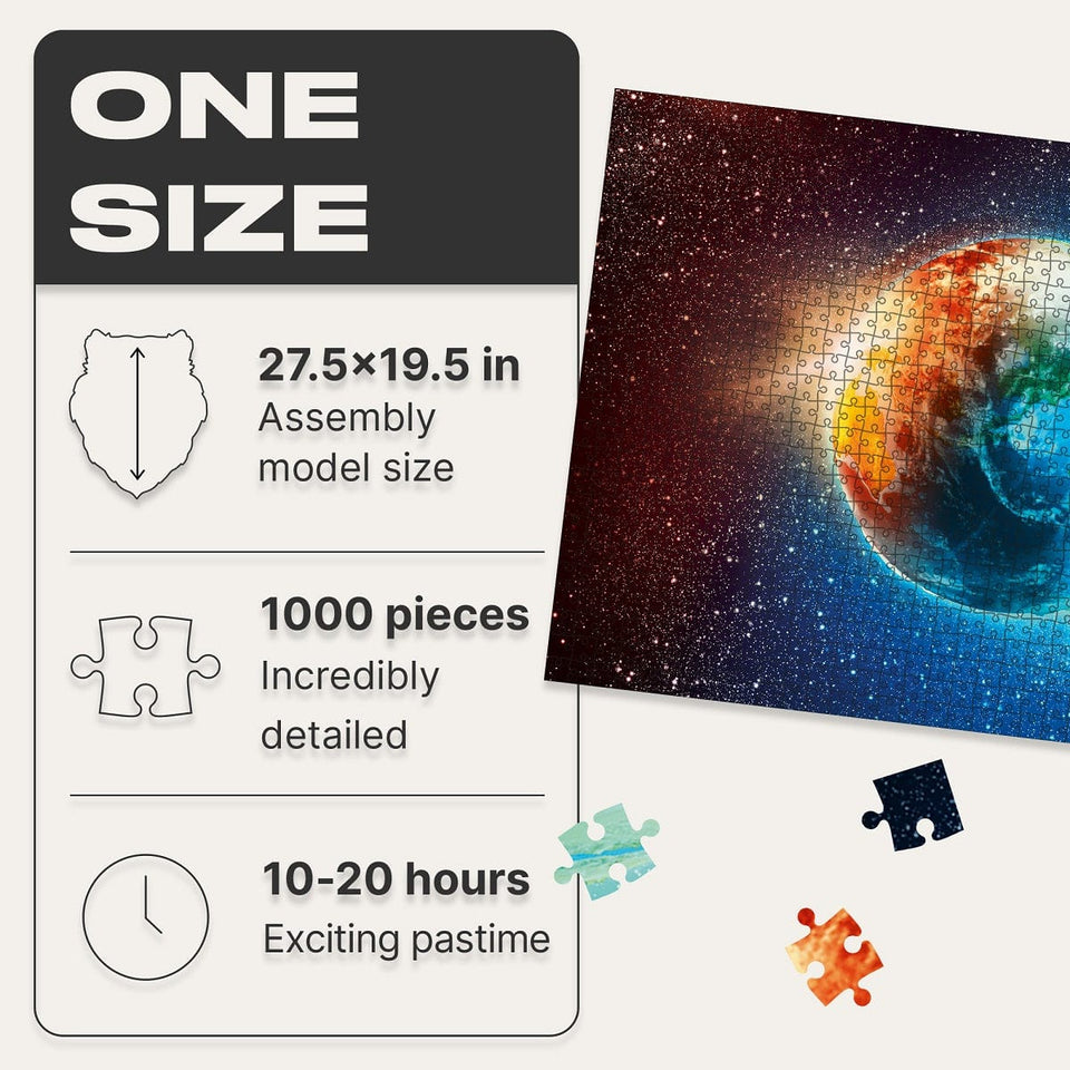 Earth 1000 pieces wooden map puzzle — finished puzzle assembled on table