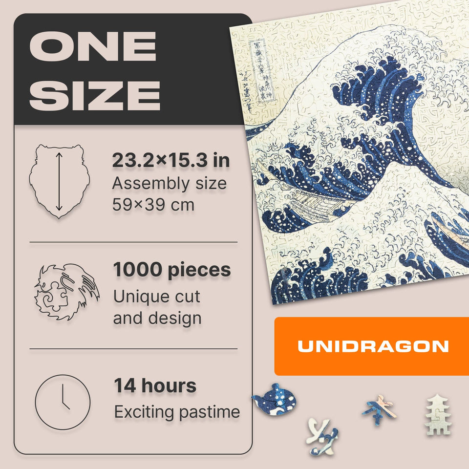 The Great Wave off Kanagawa wooden puzzle — close-up of HDF wooden puzzle pieces