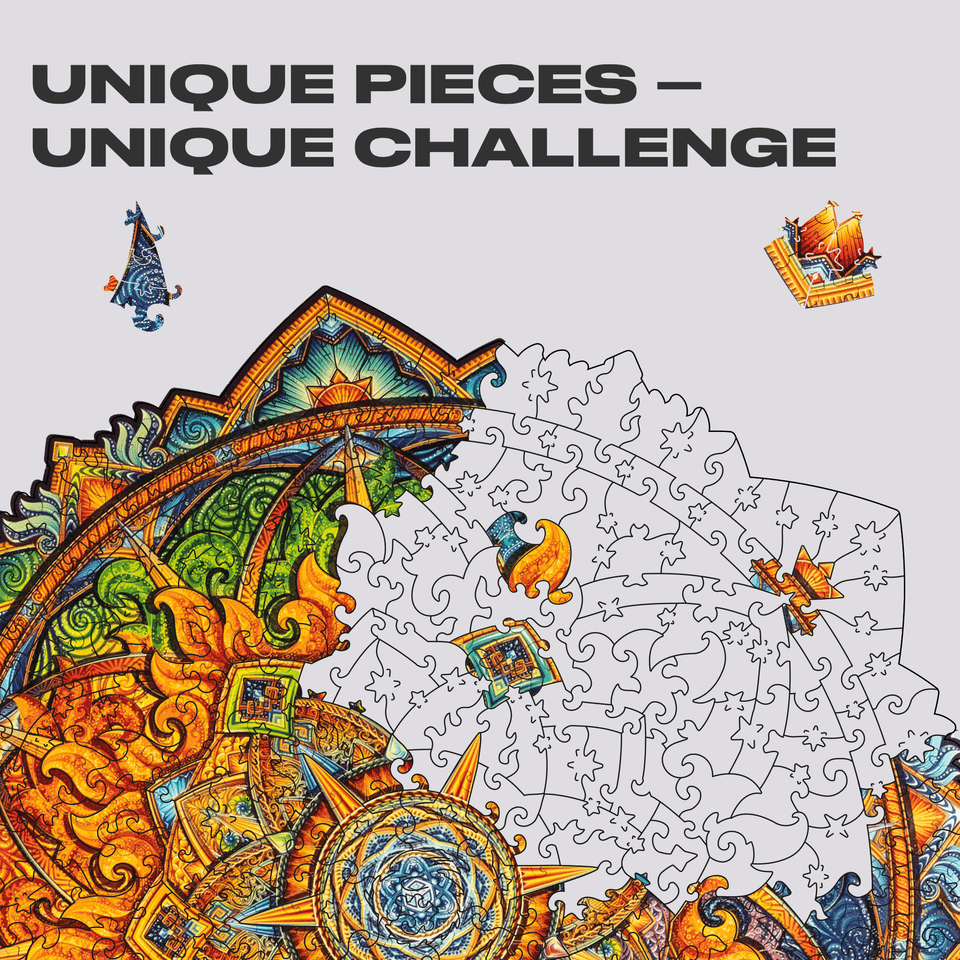 Mandala Nascent Sun mandala wooden puzzle — close-up of HDF wooden puzzle pieces