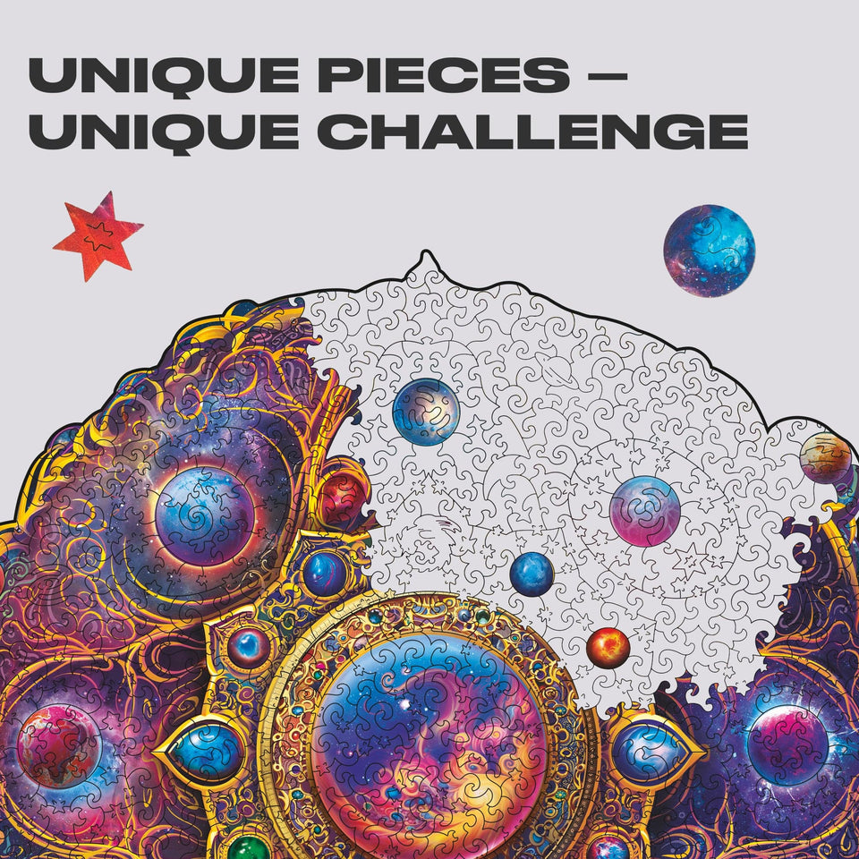 Mandala Space Dreams mandala wooden puzzle — close-up of HDF wooden puzzle pieces