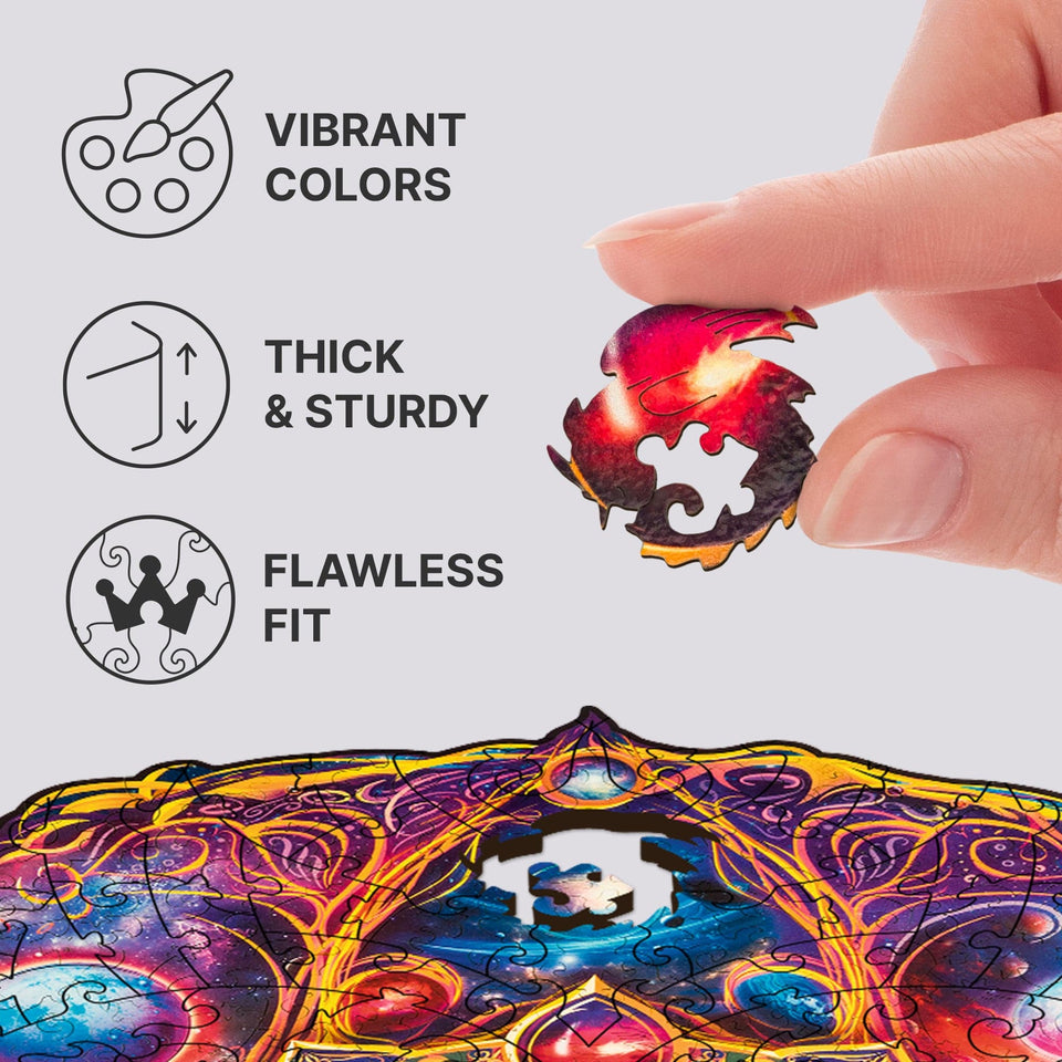 Mandala Space Dreams mandala wooden puzzle — finished puzzle assembled on table