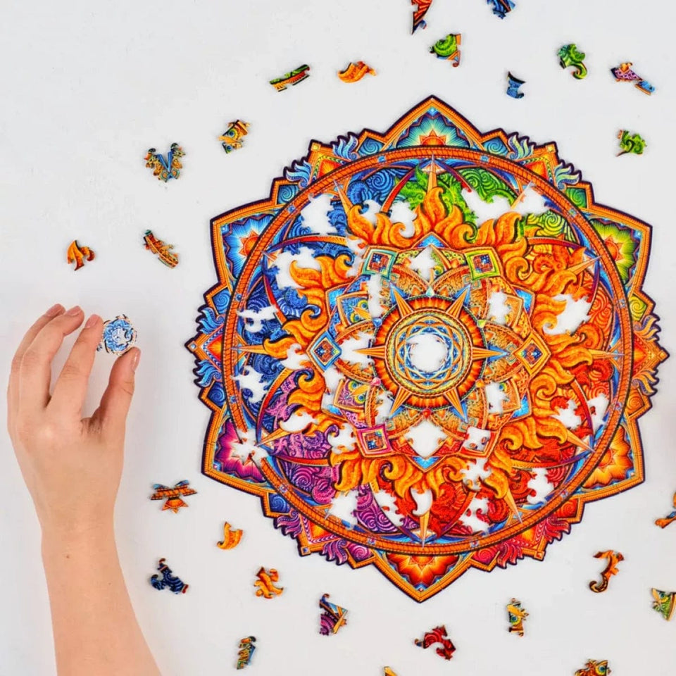 Mandala Nascent Sun mandala wooden puzzle — size dimensions and comparison