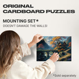 Landscape 1000 pieces wooden puzzle — hand holding wooden puzzle piece detail
