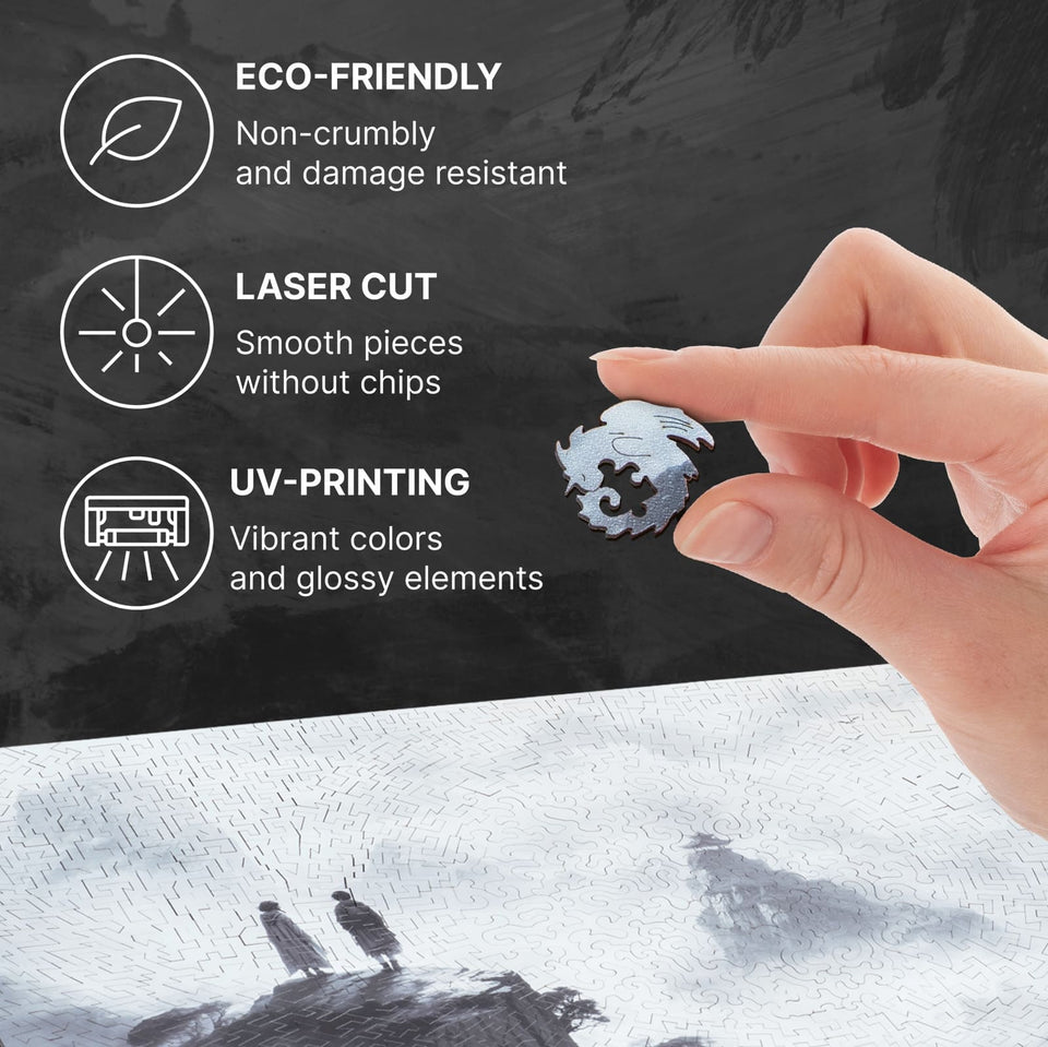 Black and White Serenity wooden puzzle — puzzle pieces showing unique laser-cut shapes
