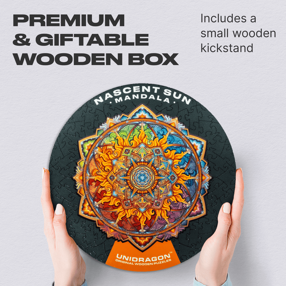 Mandala Nascent Sun mandala wooden puzzle — puzzle pieces showing laser-cut shapes