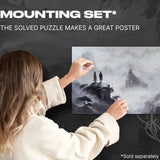 Black and White Serenity wooden puzzle — hand holding wooden puzzle piece detail