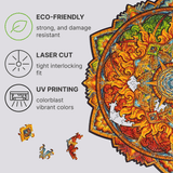 Mandala Nascent Sun mandala wooden puzzle — hand holding wooden puzzle piece detail
