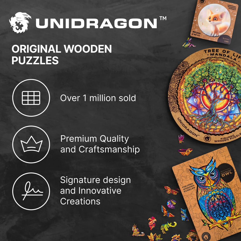 Black and White Serenity wooden puzzle — size dimensions and comparison