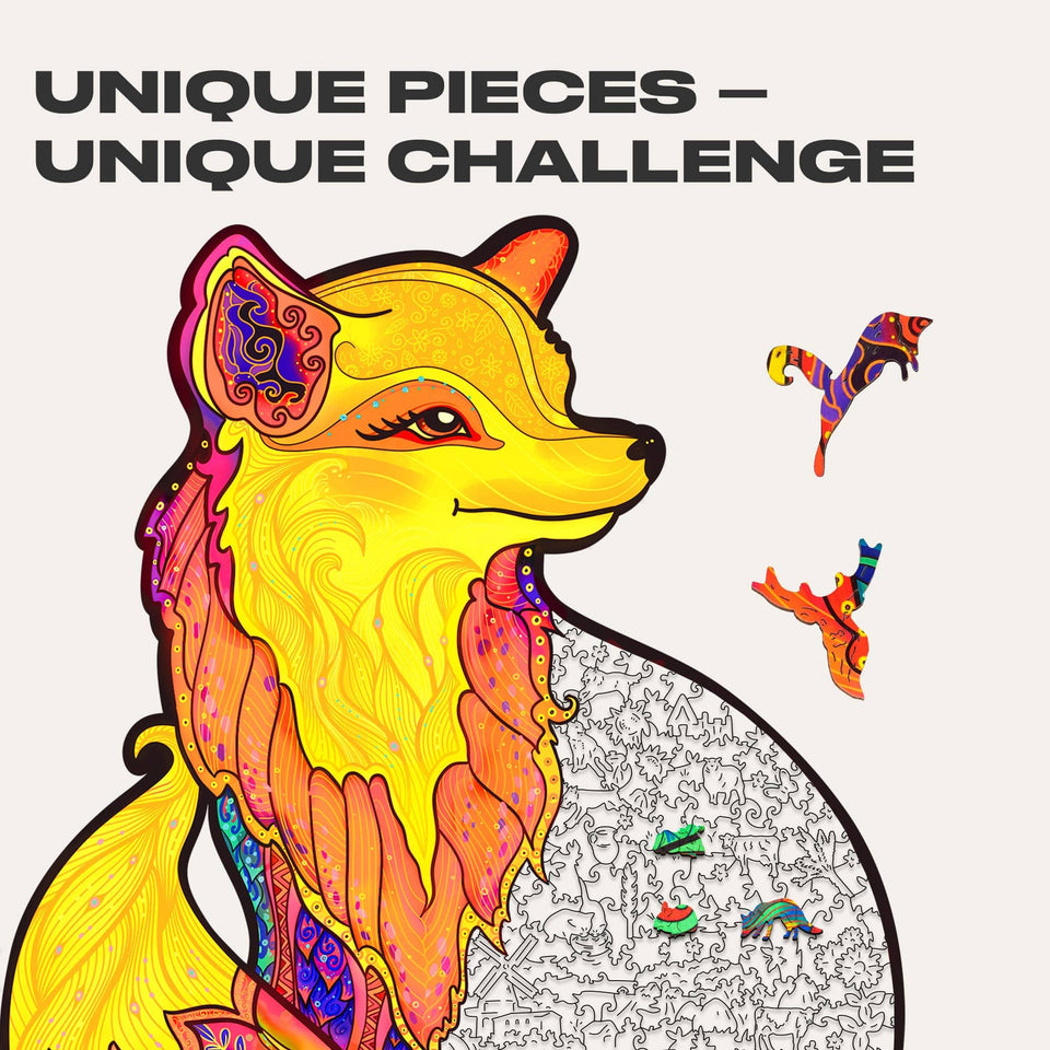 Alluring Fox wooden puzzle with animal-shaped pieces and vivid artwork — close-up of wooden animal-shaped puzzle pieces