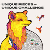 Alluring Fox wooden puzzle with animal-shaped pieces and vivid artwork — close-up of wooden animal-shaped puzzle pieces