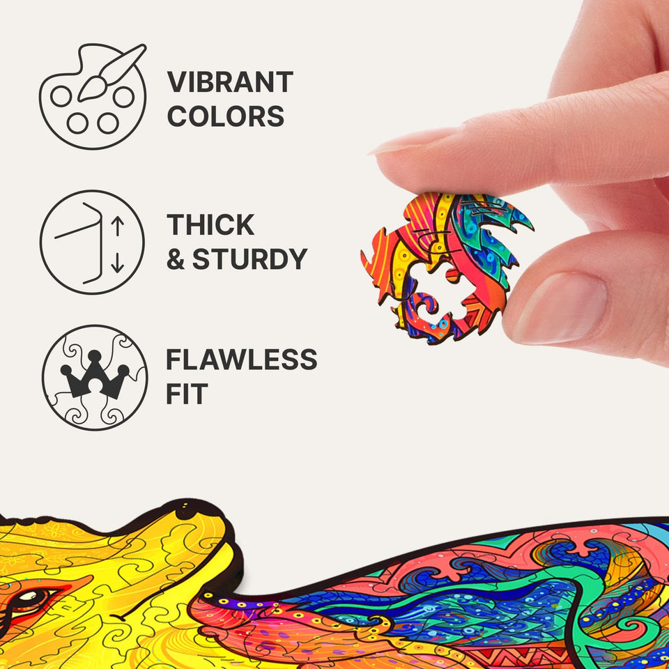 Alluring Fox wooden puzzle with animal-shaped pieces and vivid artwork — finished puzzle assembled on table