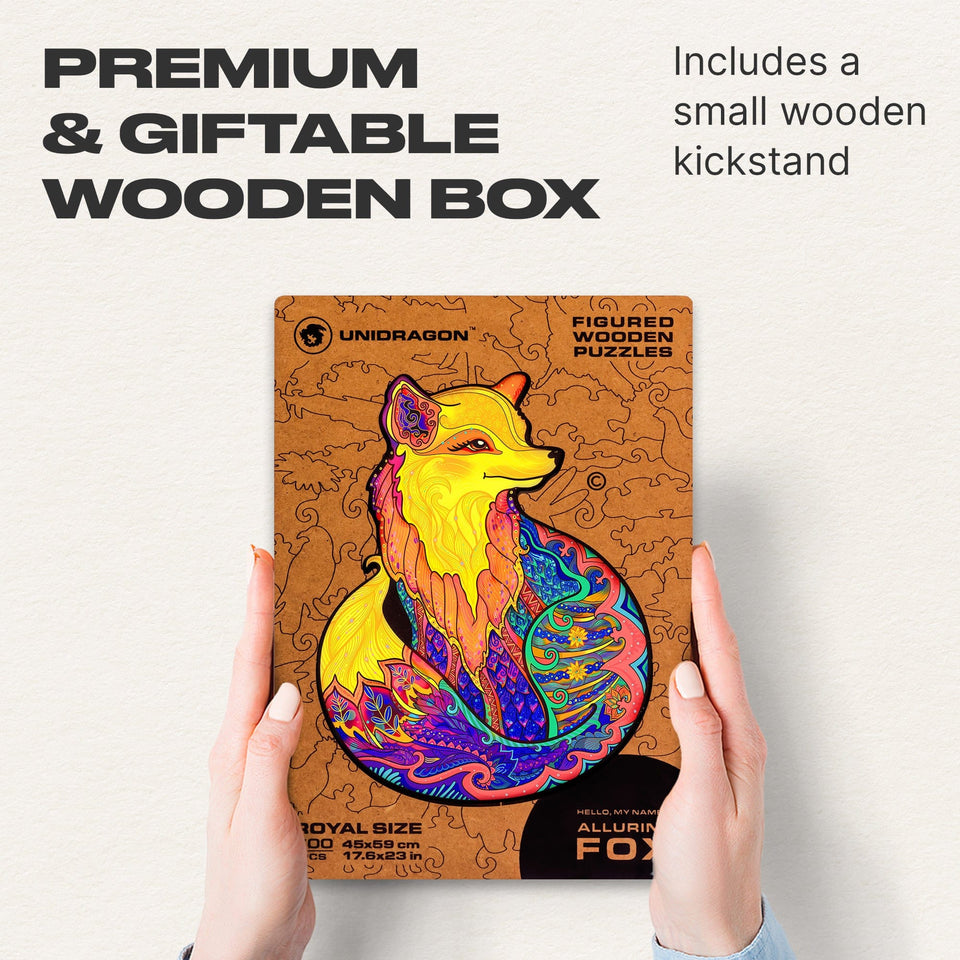 Alluring Fox wooden puzzle with animal-shaped pieces and vivid artwork — puzzle pieces spread out showing unique shapes