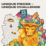 Prosperous Bull wooden jigsaw puzzle with animal-shaped pieces — close-up of wooden animal-shaped puzzle pieces
