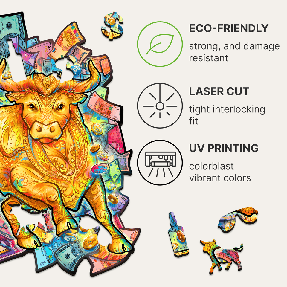 Prosperous Bull wooden jigsaw puzzle with animal-shaped pieces — hand holding wooden puzzle piece showing detail