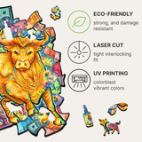 Prosperous Bull wooden jigsaw puzzle with animal-shaped pieces — hand holding wooden puzzle piece showing detail