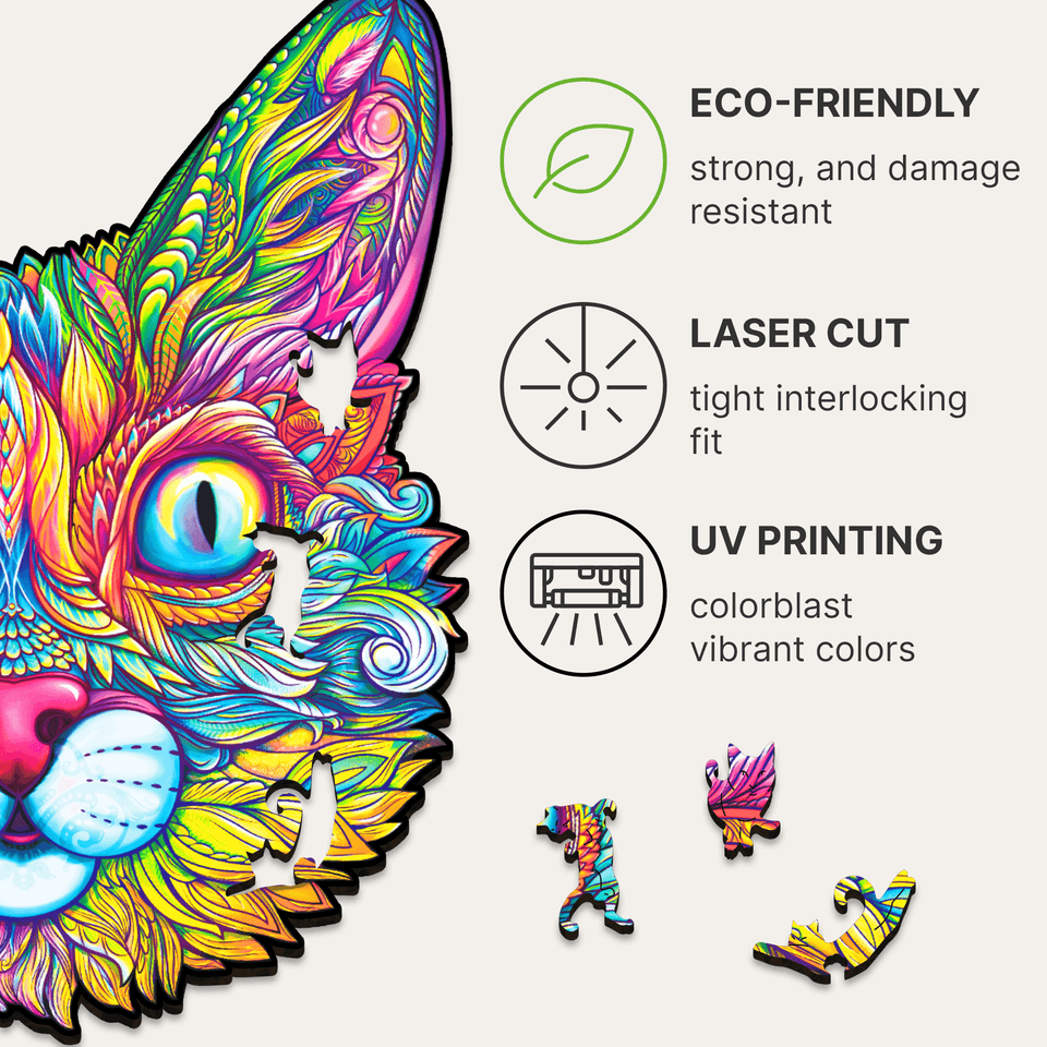Impressive Cat wooden animal puzzle — hand holding wooden puzzle piece detail