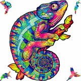 Iridescent Chameleon wooden puzzle — front view with vivid artwork