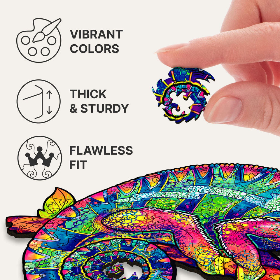 Iridescent Chameleon wooden puzzle — finished puzzle assembled on table