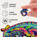 Iridescent Chameleon wooden puzzle — finished puzzle assembled on table
