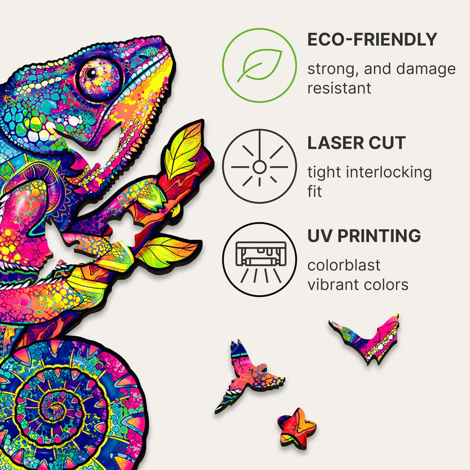 Iridescent Chameleon wooden puzzle — hand holding wooden puzzle piece detail