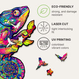 Iridescent Chameleon wooden puzzle — hand holding wooden puzzle piece detail