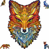Fiery Fox wooden jigsaw puzzle with whimsy animal-shaped pieces — front view showing vivid artwork