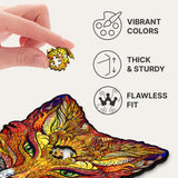 Fiery Fox wooden jigsaw puzzle with whimsy animal-shaped pieces — finished puzzle assembled on table
