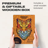 Fiery Fox wooden jigsaw puzzle with whimsy animal-shaped pieces — puzzle pieces spread out showing unique shapes