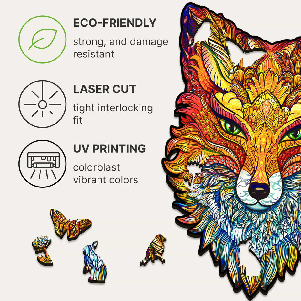 Fiery Fox wooden jigsaw puzzle with whimsy animal-shaped pieces — hand holding wooden puzzle piece showing detail