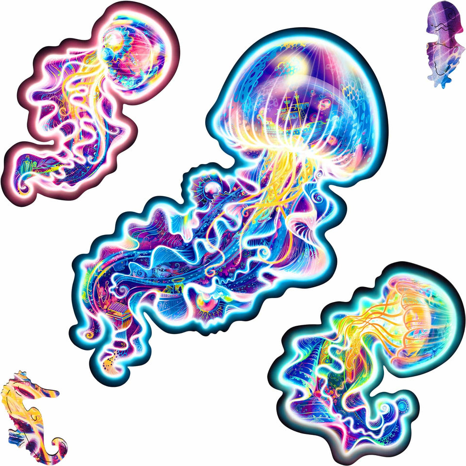 Wandering Jellyfish wooden puzzle — front view with vivid artwork