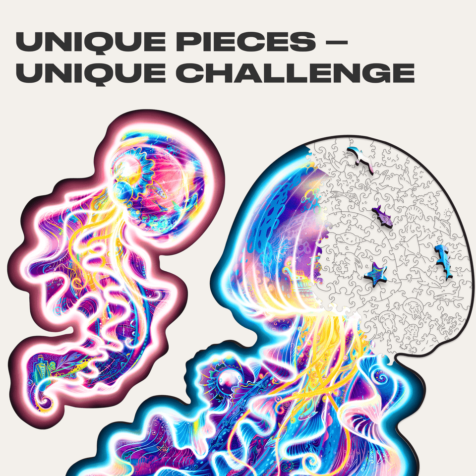 Wandering Jellyfish wooden puzzle — close-up of HDF wooden puzzle pieces