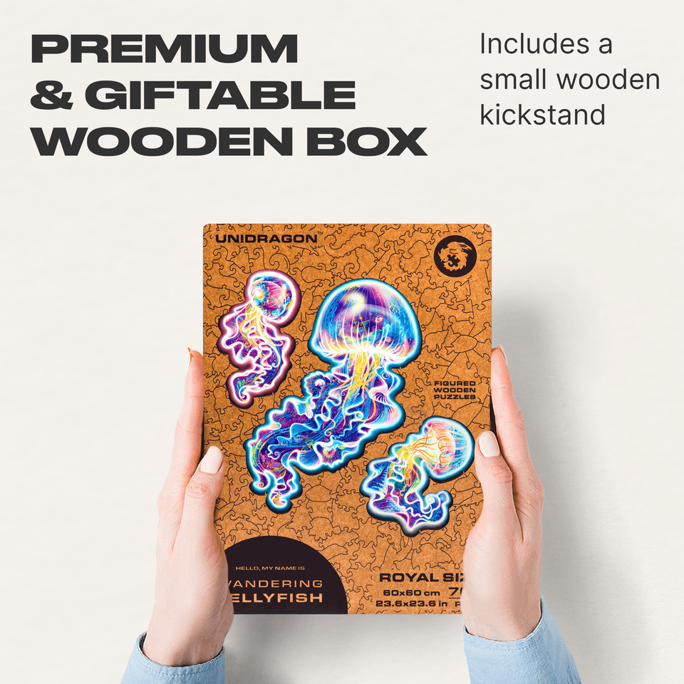 Wandering Jellyfish wooden puzzle — puzzle pieces showing laser-cut shapes