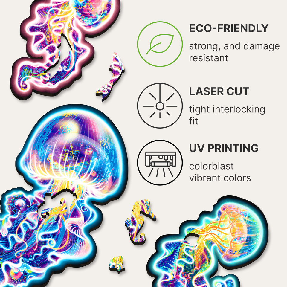 Wandering Jellyfish wooden puzzle — hand holding wooden puzzle piece detail