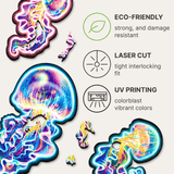 Wandering Jellyfish wooden puzzle — hand holding wooden puzzle piece detail