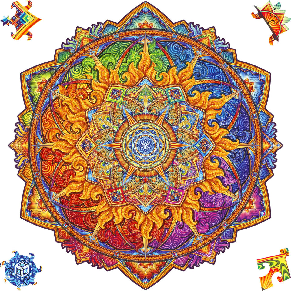 Mandala Nascent Sun mandala wooden puzzle — front view with vivid artwork
