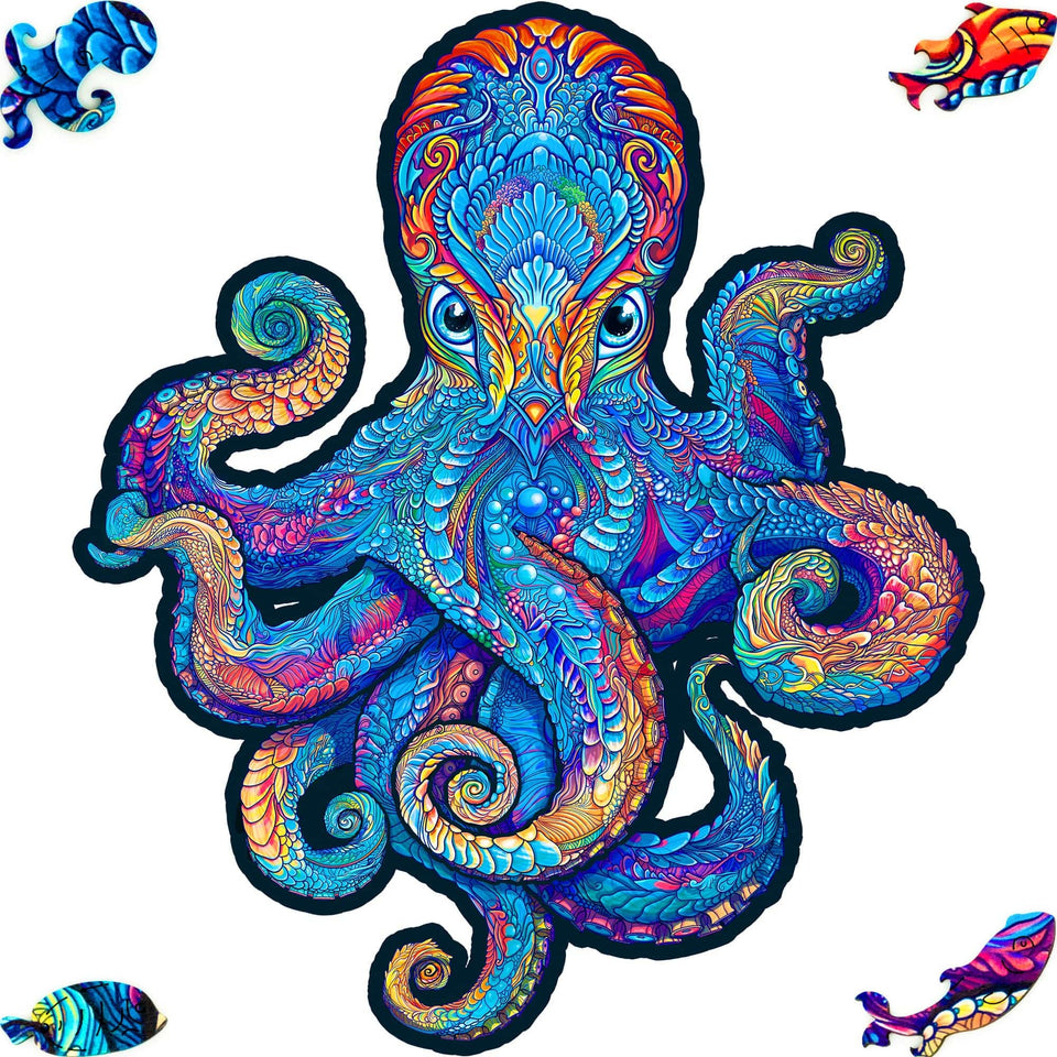 Magnetic Octopus wooden jigsaw puzzle with deep-sea artwork — front view showing vivid artwork