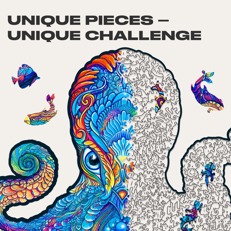 Magnetic Octopus wooden jigsaw puzzle with deep-sea artwork — close-up of wooden animal-shaped puzzle pieces