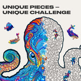 Magnetic Octopus wooden jigsaw puzzle with deep-sea artwork — close-up of wooden animal-shaped puzzle pieces