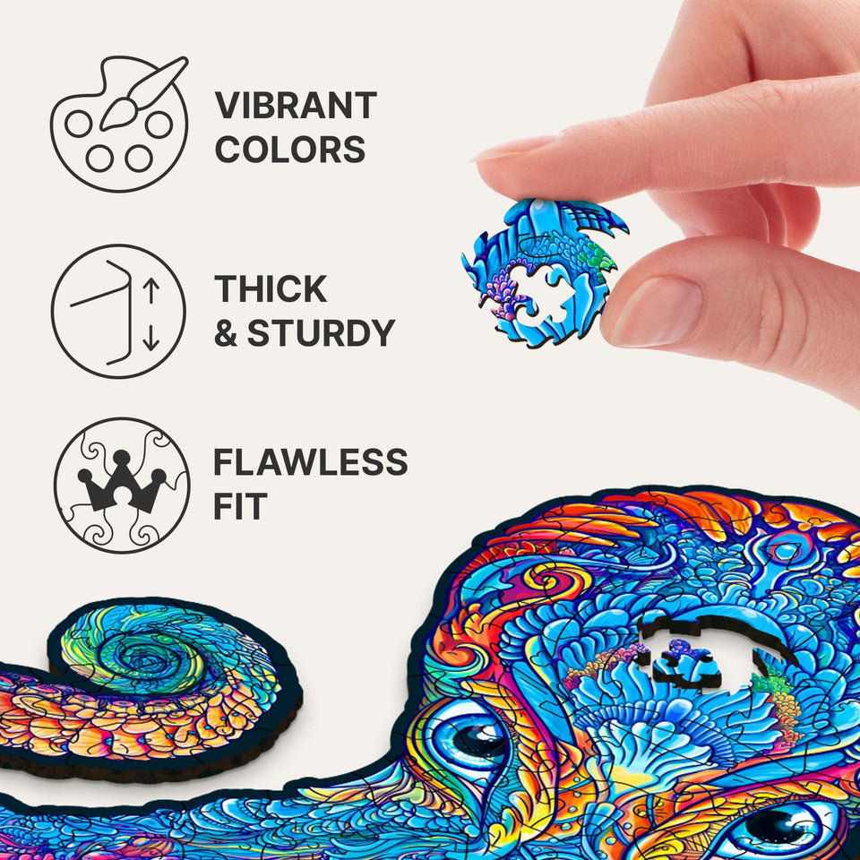 Magnetic Octopus wooden jigsaw puzzle with deep-sea artwork — finished puzzle assembled on table