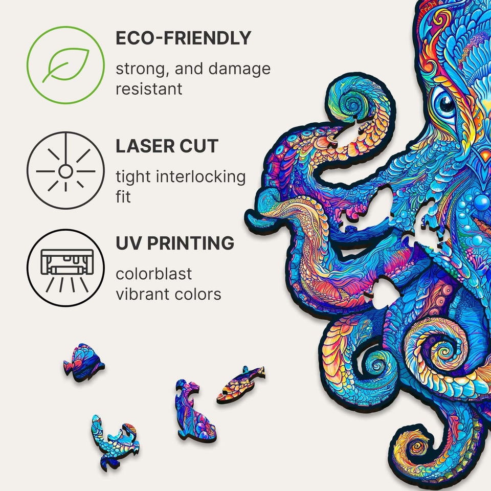 Magnetic Octopus wooden jigsaw puzzle with deep-sea artwork — hand holding wooden puzzle piece showing detail