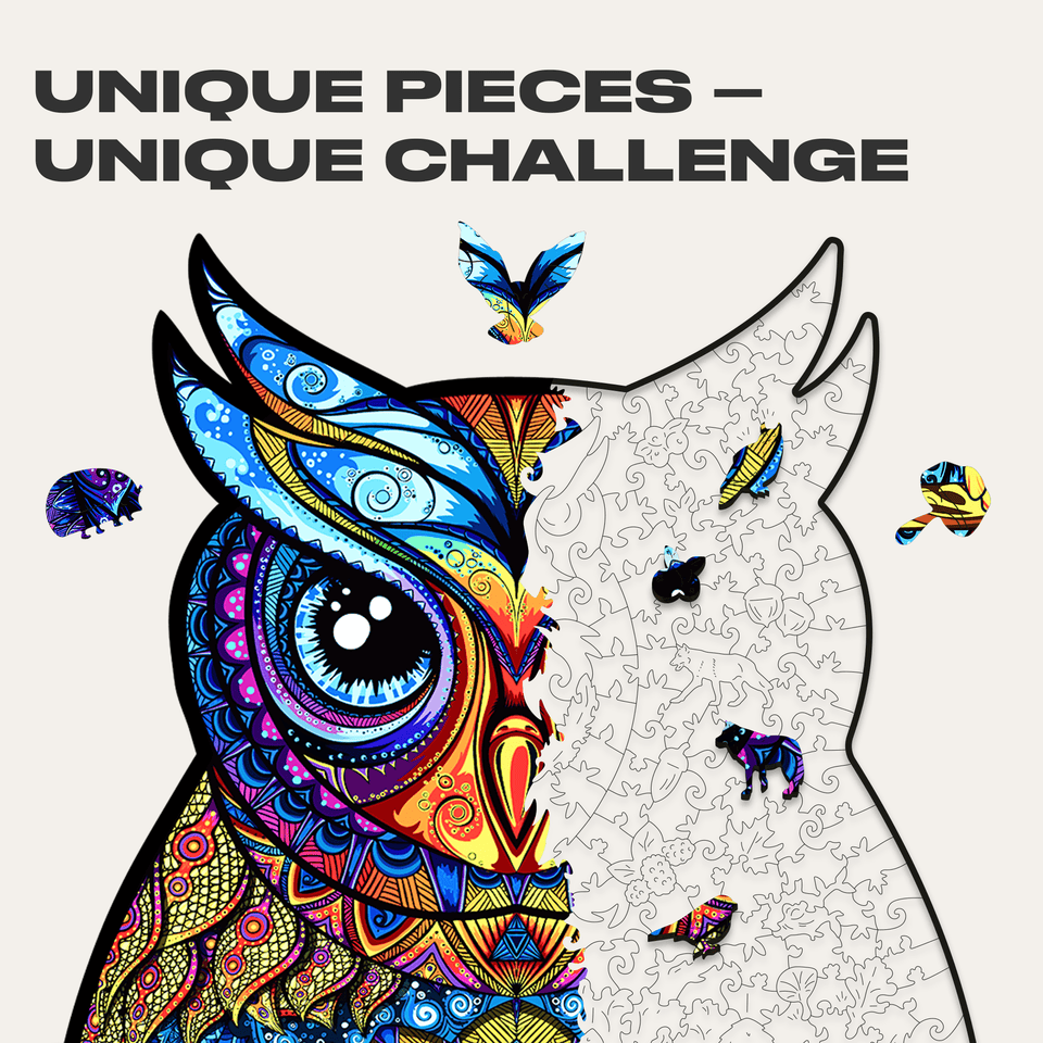 Charming Owl wooden jigsaw puzzle with hidden animal-shaped deer, fox and hedgehog pieces — close-up of wooden animal-shaped puzzle pieces