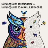 Charming Owl wooden jigsaw puzzle with hidden animal-shaped deer, fox and hedgehog pieces — close-up of wooden animal-shaped puzzle pieces