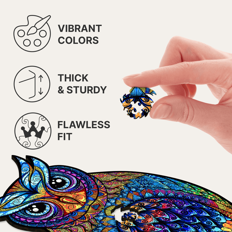 Charming Owl wooden jigsaw puzzle with hidden animal-shaped deer, fox and hedgehog pieces — finished puzzle assembled on table