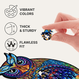 Charming Owl wooden jigsaw puzzle with hidden animal-shaped deer, fox and hedgehog pieces — finished puzzle assembled on table