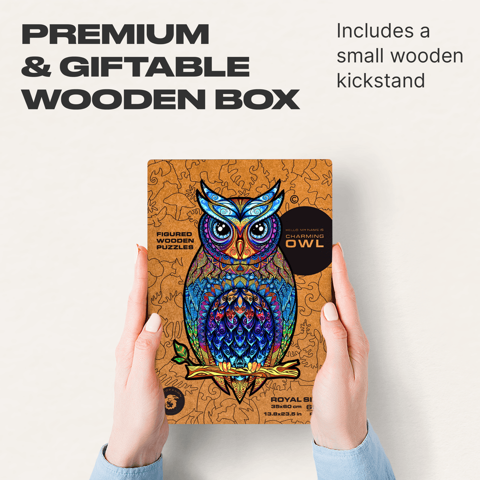 Charming Owl wooden jigsaw puzzle with hidden animal-shaped deer, fox and hedgehog pieces — puzzle pieces spread out showing unique shapes