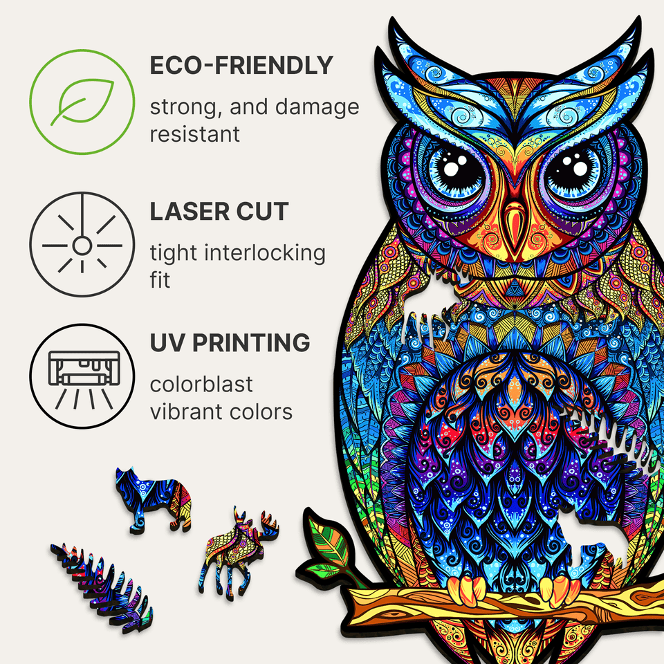Charming Owl wooden jigsaw puzzle with hidden animal-shaped deer, fox and hedgehog pieces — hand holding wooden puzzle piece showing detail